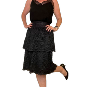 VINTAGE Mister Leonard Tiered Black Lace Midi Skirt Evening Cocktail Timeless